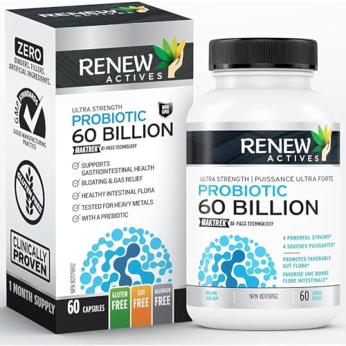 Renew Actives 60 Billion CFU Probiotic Supplement for Digestive Health - Advanced Formula with Prebiotic Benefits - Supports Gut Flora Balance & Wellness - 60 Capsules