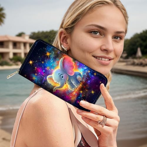 Image of RFID Blocking Leather Wallet for Women - Large Capacity Zip Around Clutch with 8 Card Slots,6 Cash Pockets & Coin Zipper,Baby Elephant and Star