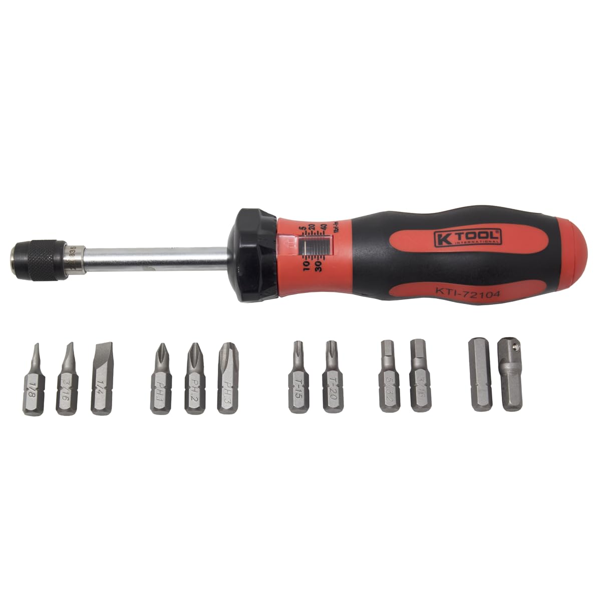 K Tool International 72104 Torque Screwdriver Set for Garages, Repair Shops, and DIY. (1) Screwdriver, (3) Slotted, (3) Phillips, (2) Torx, (3) Hex Bits, (1) 1/4" Adapter, Molded Black Case, 13 Piece