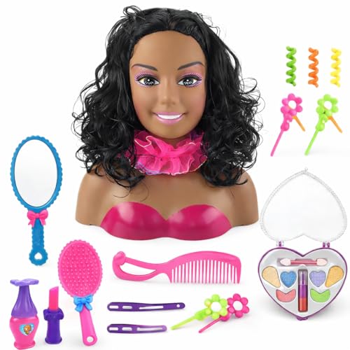 Liberty Imports African American Black Makeup and Hair Styling Doll Head Toy Playset with Real Washable Cosmetic and Fashion Dress Up Accessories for Girls Pretend Play