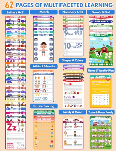 Preschool Learning Activities Educational Workbook, 62 Reusable Pages Pre Kindergarten Workbooks, Number Letter Tracing Books for Kids, Autism Learning Materials, ABC Busy Book for Kids Ages 3-7