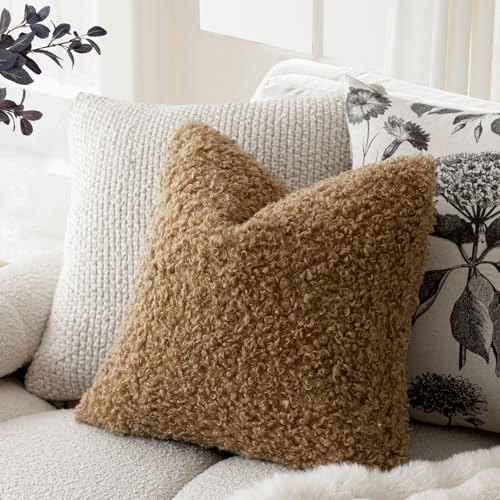 Image of Foindtower 2 Pieces 24x24 Inch Bronze, Faux Fur Throw Pillow Cover Accent Sherpa Pillow Fuzzy Soft Pillowcases Sheepskin Decorative Fleece Cushion Case for Bed Couch Living Room