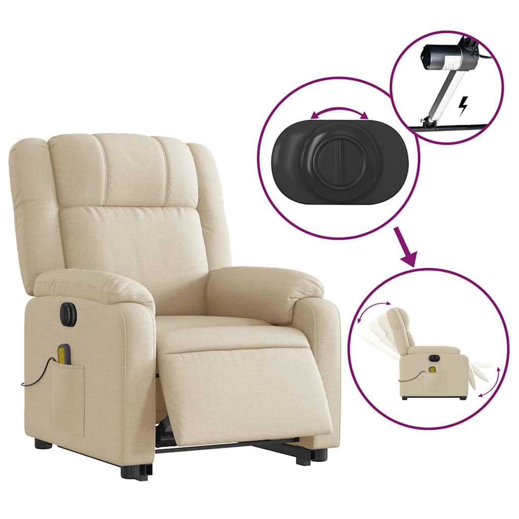 Elektrischer Massagesessel mit Aufstehhilfe und 6-Punkt-Vibrationsmassage, cremefarbener Stoffbezug, verstellbare Rückenlehne und Fußstütze, Stabiler Holz-Metall-Rahmen