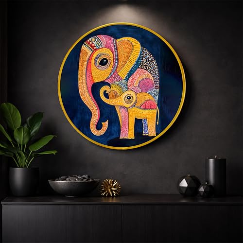 Image of Modern Abstract Elephant Gond Round Framed Wall Art Painting For Living Room | Indian Folk Vastu Elephant Wall Art Painting With Frame for Home, Bedroom & Office, 16 Inch