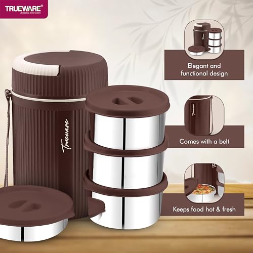 Image of Trueware Plastic Grub 4 Double Wall Insulated Hot Lunch Box with 3 SS Container 300 Ml Each & 1 SS Container 200Ml | BPA Free | Food Grade | Hot and (LBI-GRB-004-Brown BAZ)