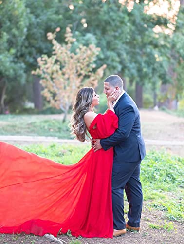 SoDigne Puffy Sleeve Prom Dresses with Train Long Slit Chiffon Off Shoulder Formal Evening Party Gowns4