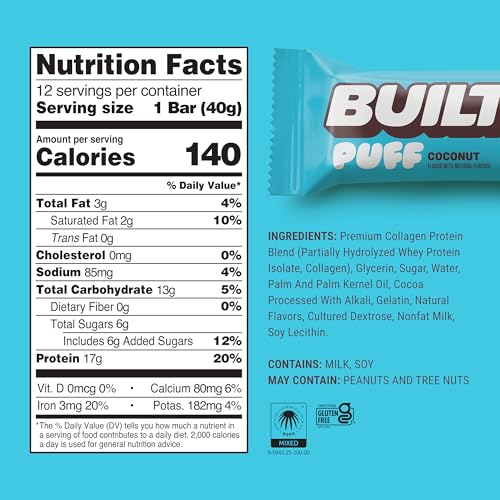 built bar puff protein bars coconut puff 17g protein snacks on-the-go bars only 140 calories 6g sugar collagen gluten free 12 count