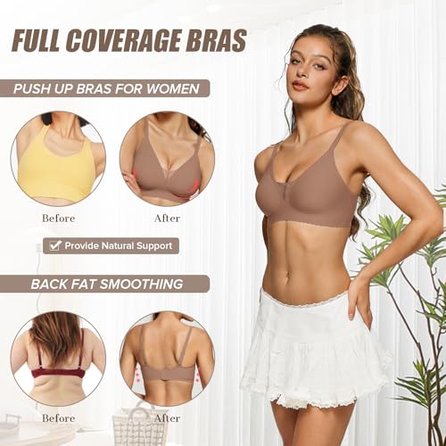 Image of OEAK Womens Comfortable Bras Wireless Bras Push Up Bralettes Scalloped Mesh Bras Seamless Tshirts Bras Deep V Everyday Bras
