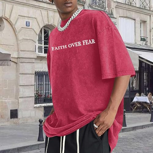 Image of Christian Faith Over Fear Shirt for Men Jesus Religious Shirts Oversized Graphic Tees Acid Wash God T-Shirt