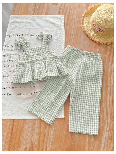 SHENHE Toddler Girl's Summer Outfits 2 Piece Cute Gingham Bow Ruffle Peplum Tank Top and Pants Set2