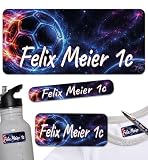 Namensaufkleber Kinder Schule (Set 130 Stk), Jungen Kleidung & Gegenstände Namensschilder personalisiert waschmaschinenfest, Spülfest Kita Namensetiketten selbstklebend Stifteaufkleber fußball fu1