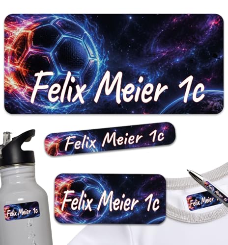 Namensaufkleber Kinder Schule (Set 130 Stk), Jungen Kleidung & Gegenstände Namensschilder personalisiert waschmaschinenfest, Spülfest Kita Namensetiketten selbstklebend Stifteaufkleber fußball fu1