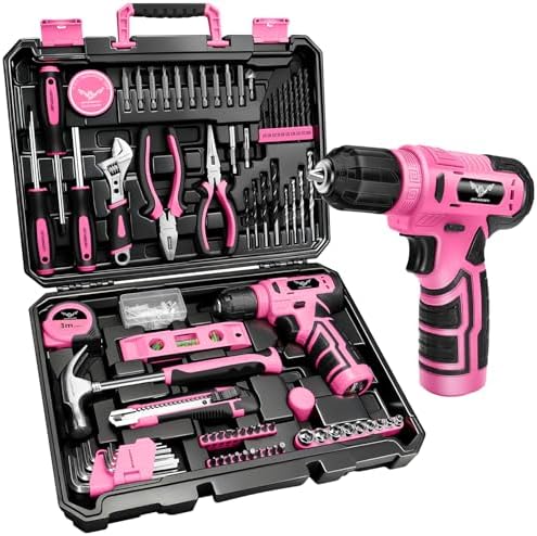 JENABOM Drill Set: Tool Set with 8V Pink Cordless Drill, Home Tool Kit with Drill, Hand Tool Kits for Women, Homeowner, Diyer, Handyman, 127Piece