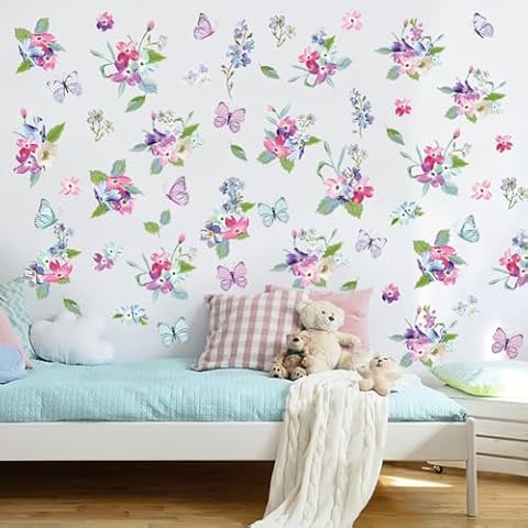 Colorful Flowers Wall Decals Butterflies Wall Stickers Floral Peel and Stick Wall Mural Green Leaves Wall Decor Removable DIY Vinyl Wall Art for Girl Bedroom Nursery Cover
