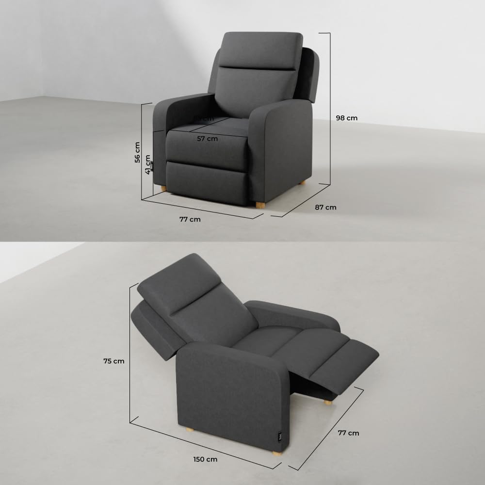 Nalui - Sillón Relax Reclinable One Fabric (77x87x95cm) con Apertura Push Manual y Estructura Reforzada. Sillón para el Salón Tapizado en Tela con Reclinación 160º Gris Marengo