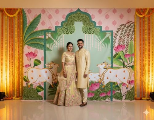 FestivalBackdrops Pichwai Cow Mural Pooja Backdrop Cloth for Home & Temple | 8 x 10 Feet | Fully Stitched with Curtain Rod Loops | Ideal for South Indian Pooja, Festivals & Mandir Decoration