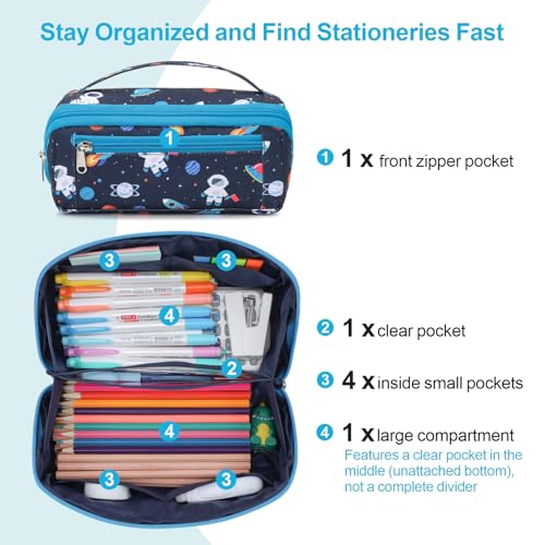 Image of Large Pencil Case for Boys, Durable Pencil Pouch for School, Wide Opening Soft Bag with Handle, Fits 50 Pens & Markers (Dark Blue Space Astronaut)