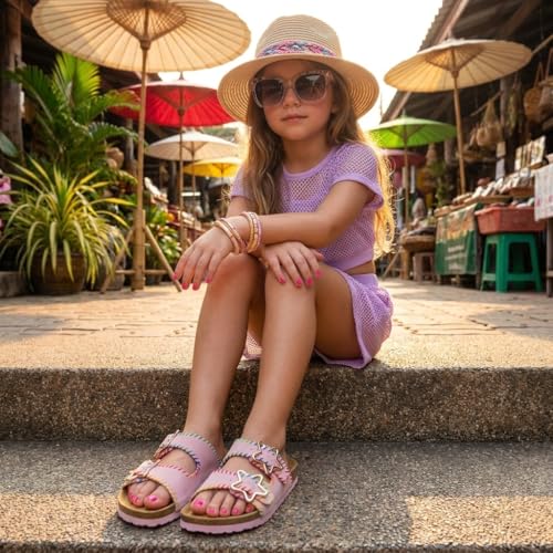 Image of CUSHIONAIRE Lily Girl Toddler Sandals with Adjustable Gold Tone Star Buckles and Cushioned Cork Footbed Slip On Girls Slides for Kids
