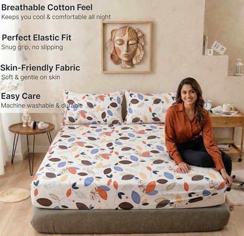 Image of VAS COLLECTIONS Cloud Cotton Corner Elastic Fitted Double Bedsheet Set (78 x 72 + 8 Inches) with 2 Pillow Covers | 160-180 TC Soft Breathable Cotton Fitted Sheet | Bed Sheet (Petal Print)