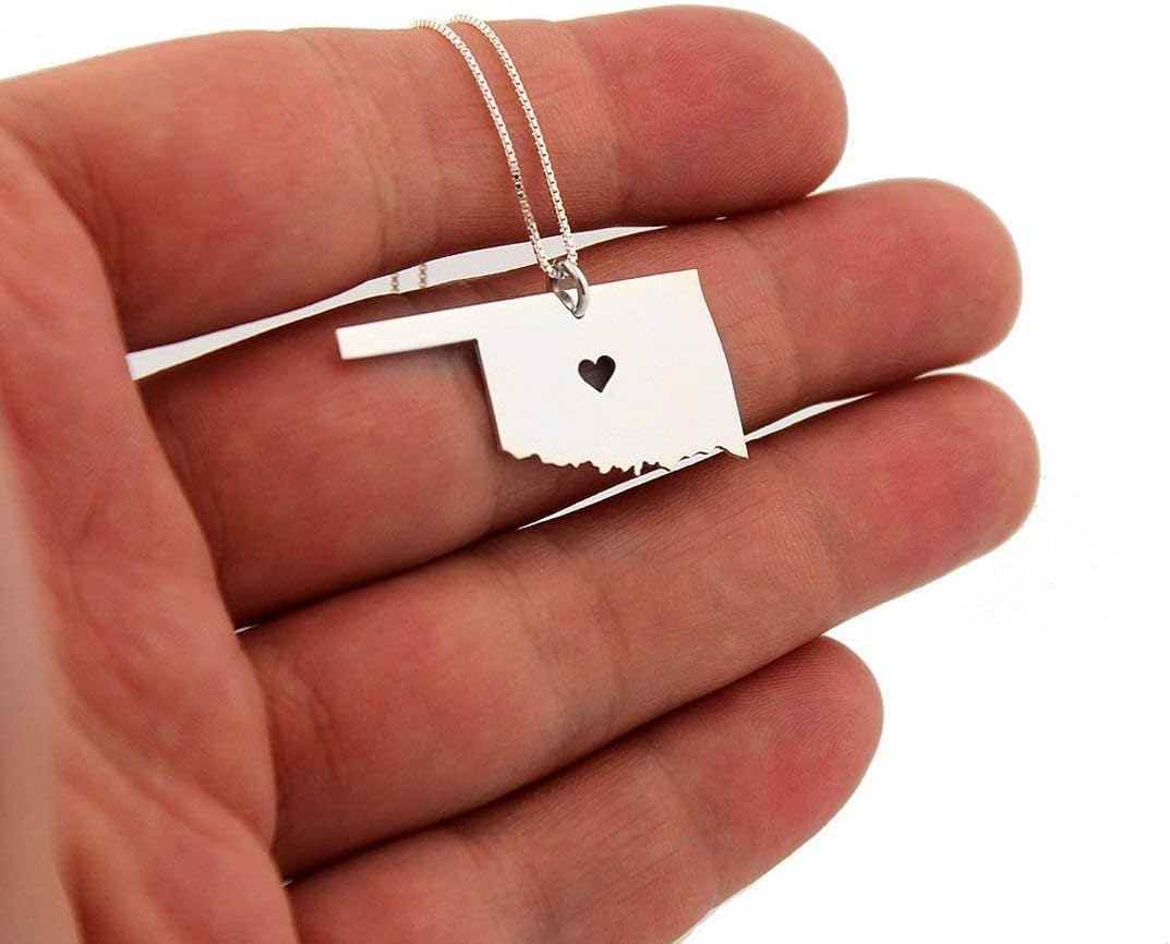 Oklahoma necklace sterling silver state necklace with heart with Italian Box chain, Best Gift for friend - personalize name Hometown gift