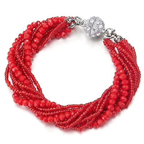 Bracelet femme rouge cristal perle multi-brin avec strass éclatants pour soirée