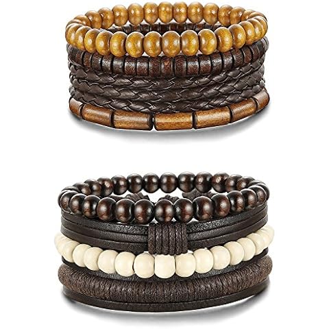 sailimue 8Pcs Wooden Beaded Bracelets for Men Women Leather Bracelet Elastic 18-21.5cm Adjustable Cover