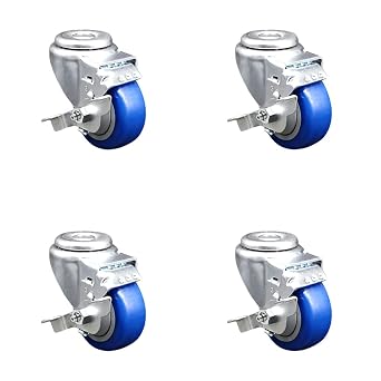 Polyurethane Swivel Bolt Hole Caster Set of 4 w/3" x 1.25" Blue Wheels - Includes 4 Swivel with Top Lock Brakes - 1200 lbs Total Capacity - Service Caster Brand