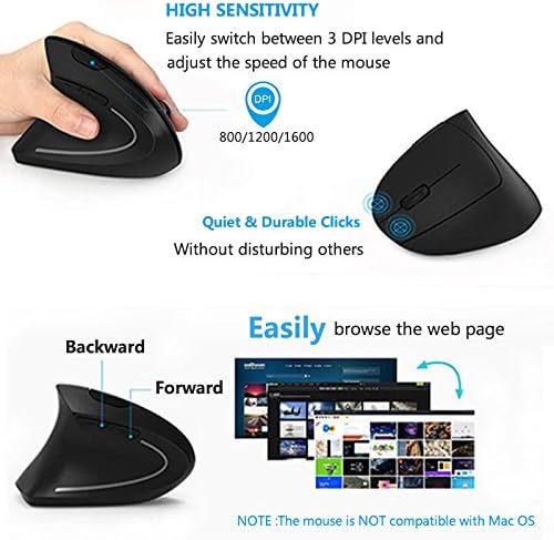 Miniatura 5 de Lekvey Ratón zurdo, inalámbrico de 2,4 GHz USB zurdo izquierdo ergonómico vertical ratón, menos ruido - negro