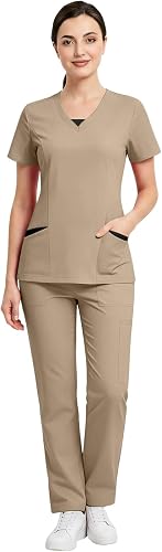 ASUIU Pink Scrubs Women's 2 Pieces V-Neck Quick-Dry Medical 