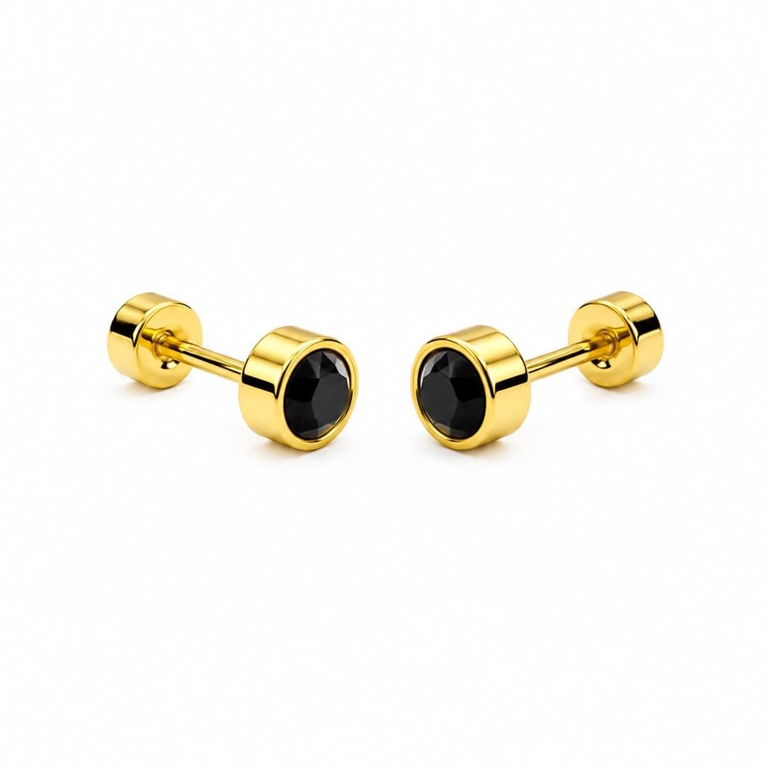 Premium Gold Plated Stainless Steel Black Cubic Zirconia Round Stud Earrings for Men and Women – Hypoallergenic Screw Back Piercing Earrings-image-9