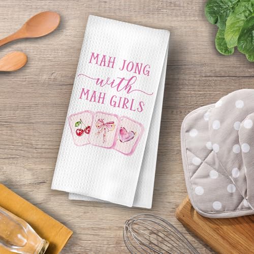 Image of Mahjong Gifts Kitchen Decor - Coquette Mahjong Decorative Waffle Dish Towels for Kitchen, Pink Bow Mah Jong Hand Towels, Mah Jong Friends Gifts for Women Tea Towel, 16x24 Inches