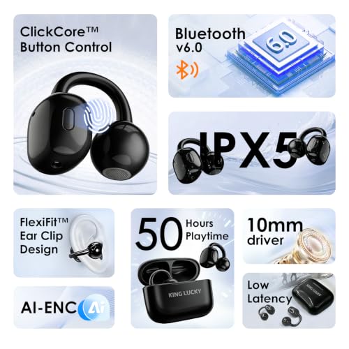 Image of Kinglucky Neo Clip Earbuds Wireless Open Ear Earbuds, Bluetooth 6.0 OWS Earphones, 50Hrs Playtime, Button Control, ENC, IPX5 Waterproof 10mm Drivers, Low Latency (Midnight Black)