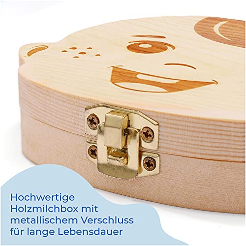 Magicat Premium Milchzahndose Jungen, Zahndose aus Holz, Dose zur Aufbewahrung von Milchzähnen, Baby Milchzähne Box als Geschenk zum Geburtstag oder Taufe, inkl. Pinzette und Zahnfee Geschichte