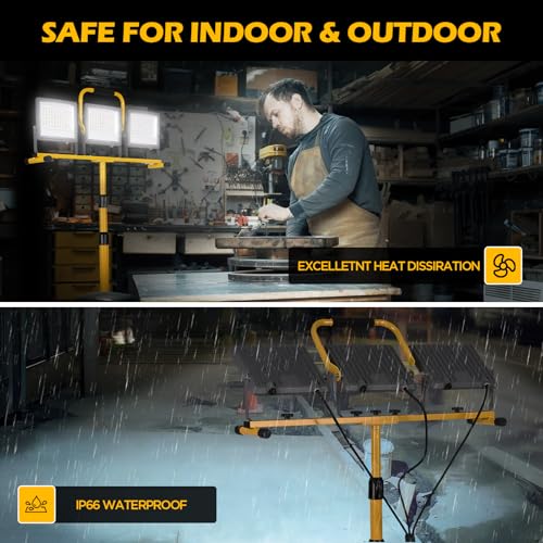 30000 Lumen LED Work Lights with Stand - 3 Adjustable Head Waterproof Foldable Tripod Light, 6500K Daylight (47-68" Height) & 18FT Cord - IP66 Rated for Construction Sites, Garage, Outdoor - Image 5