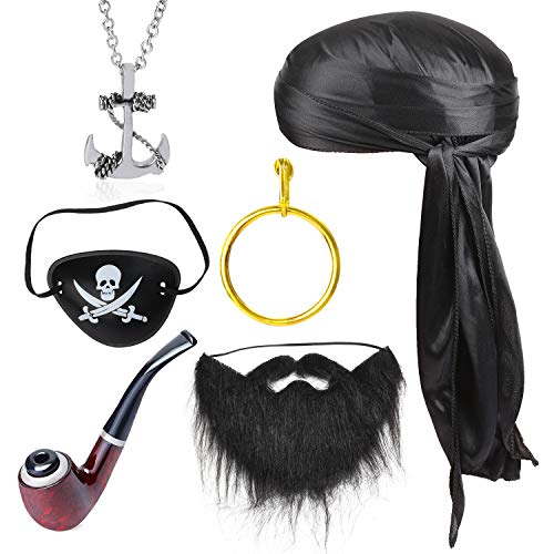 Beelittle Captain Pirate Costume Set de accesorios Durag Long-Tail Headwraps Cap sedoso Pirate Eye Patch Kit de accesorios de pirata de Halloween para la fiesta de piratas de Halloween Vestir