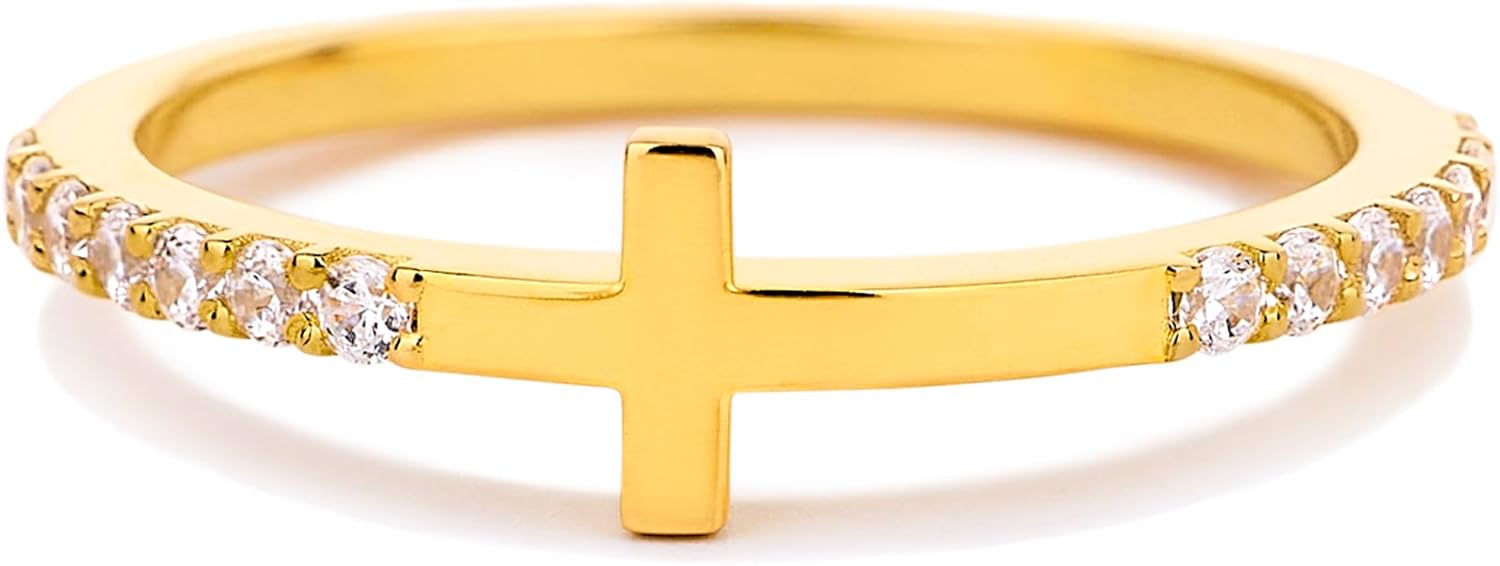 STORYJEWELLERY Cross Rings for Women, Purity Ring, Gold Plated Statement Rings for Women, Dainty Sideways Cross Ring, Christian Jewelry, Confirmation and Baptism Gifts, Religous Gifts