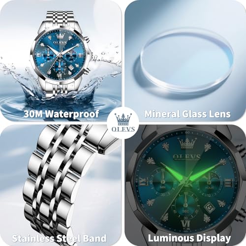 Image of OLEVS Watches for Men Stainless Steel Dress Men Watch with Date Big Face Chronograph Waterproof Luxury Fashion Watch Blue /Black /Gold /Green /Silver Face Relojes para Hombres