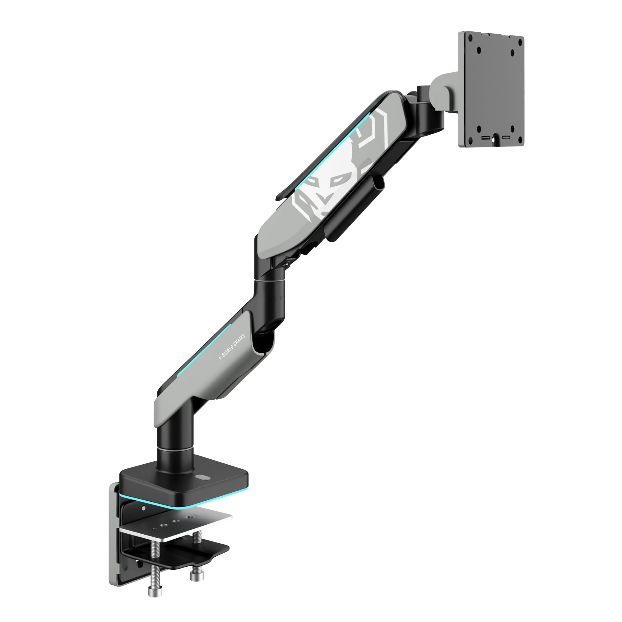 Ramię do monitora PC Diablo X-Arm 17-49 cali, stojak na monitor | Diody LED RGB | VESA 75 i 100 mm | Obrotowe | Zarządzanie kablami | Nośność do 20 kg | Zacisk biurkowy | Szaro-czarny