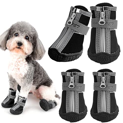 Ranphy Dog Shoes Waterproof Booties for Small Medium Dogs Hiking Boots Anti-Slip Sole with Reflective Straps for Hot Pavement Winter Snow Outdoor Black 4PCS