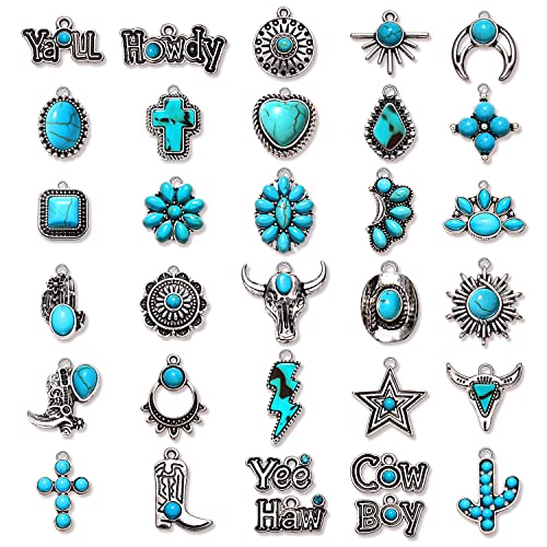 CEALXHENY 30PCS Western Charms for Jewelry Making Synthetic Turquoise Charms Cowboy Cowgirl Boot Hat Cactus Lightning Pendant for Bracelet Necklace Making DIY Crafts (Set 1)