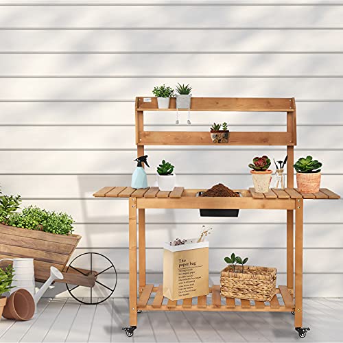 Vingli Outdoor Potting Bench Table With Wheels, Garden Potters Work Bench Station, Patio Planting Bench Workstation With Removable Sink & Storage Shelves, Solid Wood, For Garden Supplies #TOP4