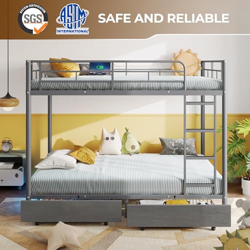 Rolanstar Metal Bunk Bed Full Over Full with USB Charging Station, LED Bunk Bed with 2 Storage Drawers, Bed with Safety Guardrail & Ladders, No Box Spring Needed, Easy Assembly, Grey
