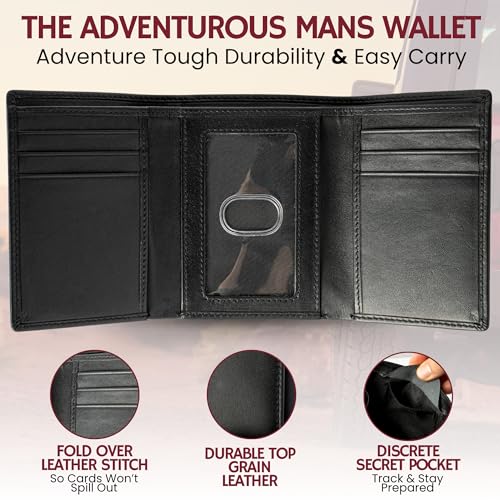 Image of BULL GUARD RFID Genuine Leather Trifold Wallets for Men ID Window, Secret Pocket, Rich Black, 3.25 inch x 4.25 inch, Classic