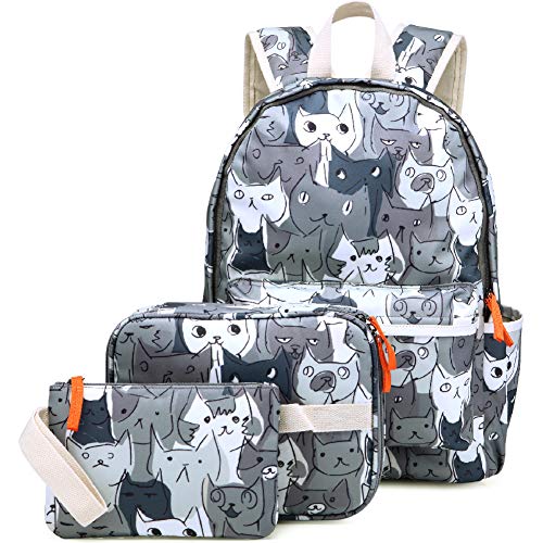 Kemy's Cat Backpack Set for Girls Kitty School Bookbag 3 Pieces Cute Rainbow