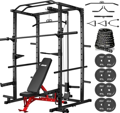 Image of JEEKEE Power Rack with LAT Pulldown, 2000LBS Power Cage with Cable System, Multi-Function Squat Rack with J-Hooks, Safety Bars, Landmine, Pull Up Bar & Attachments for Home Gym Strength Training,Black