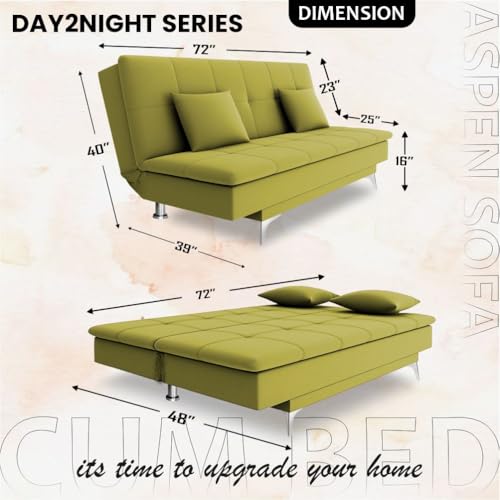 Image of Adorn India Premium New Aspen 3 Seater Sofa Cum Bed 4X6 Velvet Suede with 2 Cushions (Color Light Green) and Suitable for All Indoor, with 3 Years Warranty