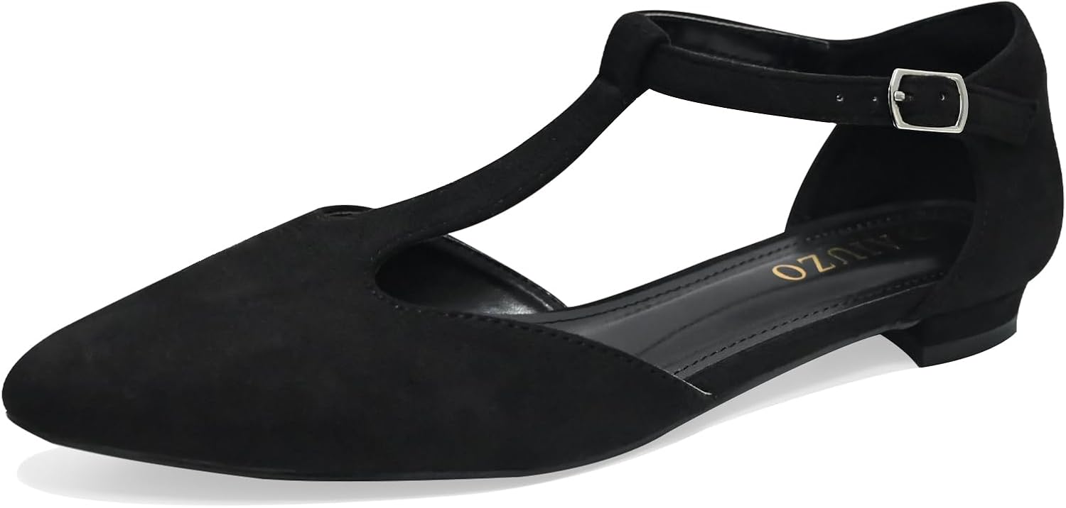 Women’s Pointed Toe Flats Wide T-Strap Adjustable Flat Shoes Slip on Comfortable Dressy Shoes for Date Home Office