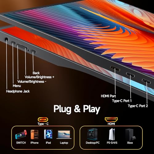 Image of 15.6 inch Portable Monitor 1080P FHD, 250 Nits Bright Screen USB-C HDMI with Kickstand & Dual Speakers, Travel Laptop Second Screen Extender for PC Phone PS5 Xbox Switch,Ultra Slim External Display