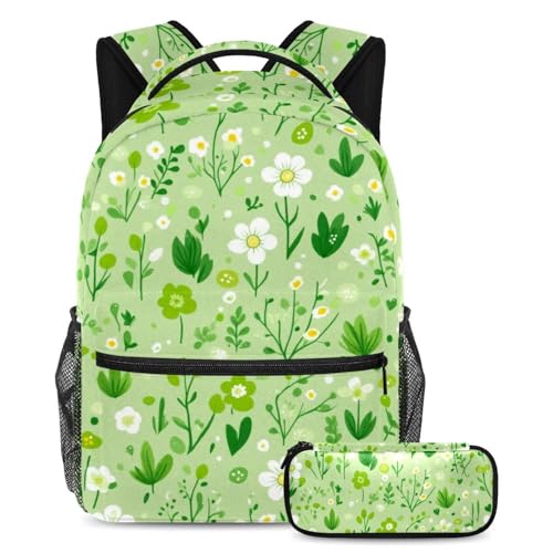 Cartables grande capacité contre le mal de dos des ados ensemble sac et trousse plantes vertes