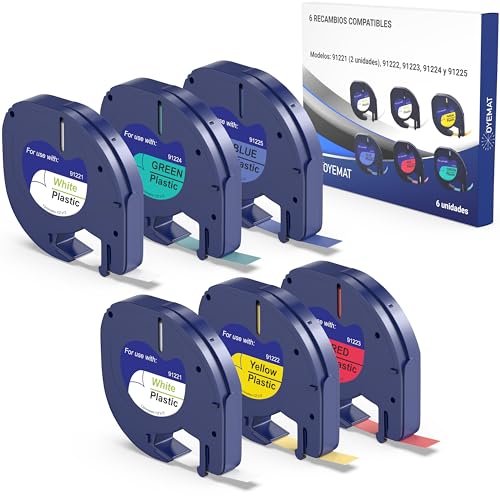 Oyemat Pack 6 Compatible con Dymo Letra tag 91201 (x2) /91202/91203/91204/91205 12mm x 4m   Pack de Cintas de Etiquetas Plásticas de colores para LT 100H, LT 100T, XR, 200B, QX50